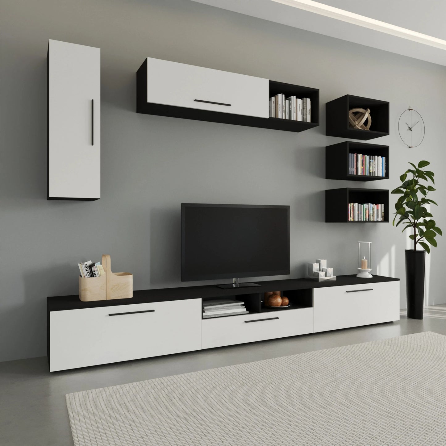 Living Kos haaus V5, Negru/Alb Lucios, MDF, L 285 cm