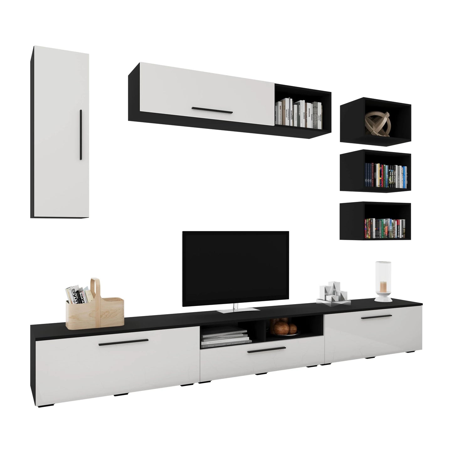 Living Kos haaus V5, Negru/Alb Lucios, MDF, L 285 cm