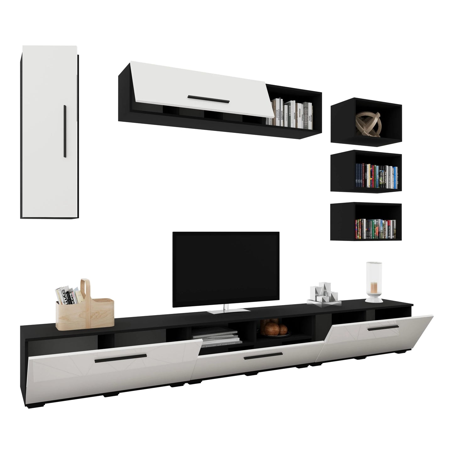 Living Kos haaus V5, Negru/Alb Lucios, MDF, L 285 cm
