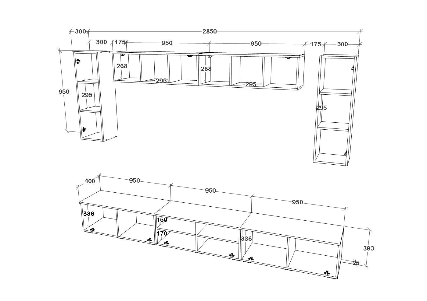 Living Kos haaus V6, Negru/Alb Lucios, MDF, L 285 cm