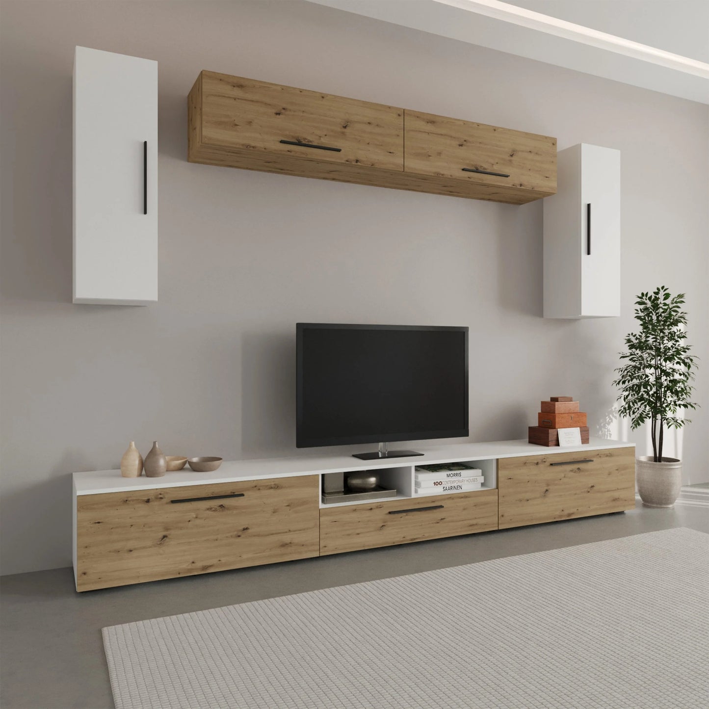 Living Kos haaus V6, Alb/Stejar Artisan, L 285 cm