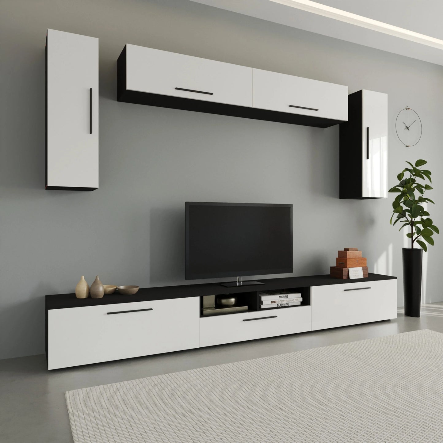 Living Kos haaus V6, Negru/Alb Lucios, MDF, L 285 cm