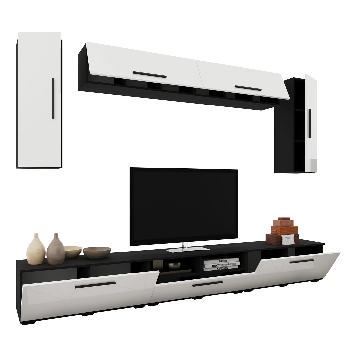 Living Kos haaus V6, Negru/Alb Lucios, MDF, L 285 cm
