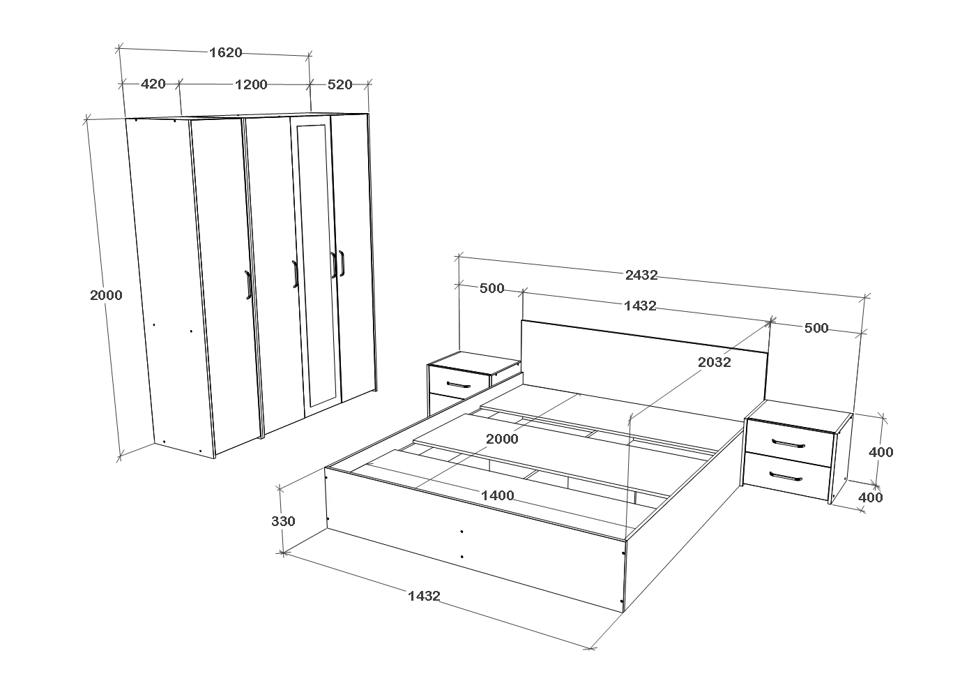 Set dormitor haaus Malmo V7, Pat 200 x 140 cm, Stejar Artisan/Argila