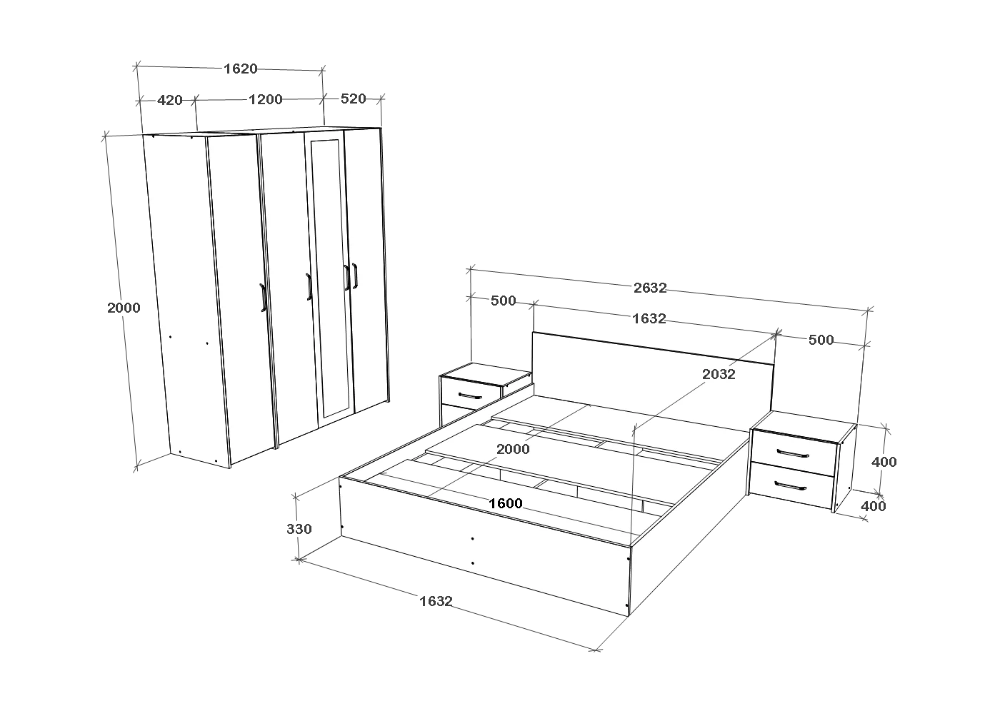 Set dormitor haaus Malmo V7, Pat 200 x 160 cm, Stejar Alb/Antracit