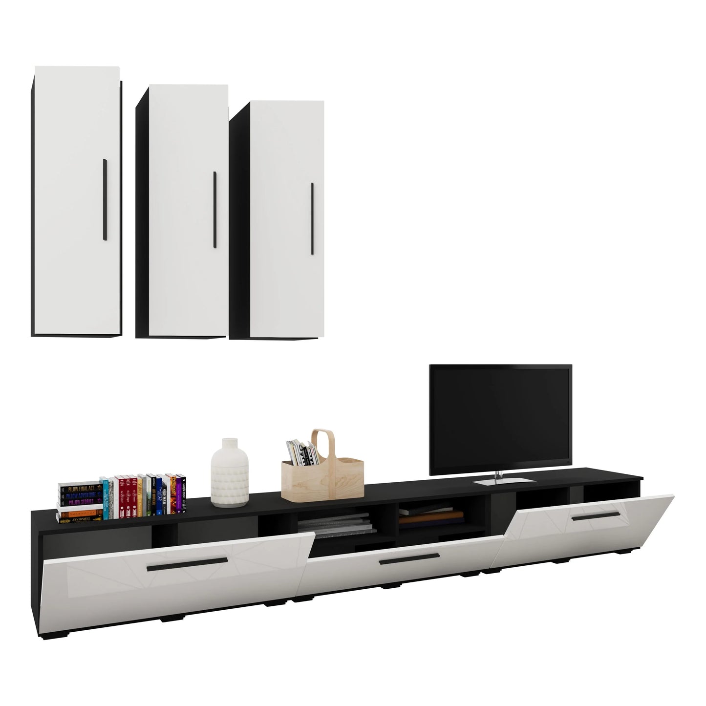 Living Kos haaus V7, Negru/Alb Lucios, MDF, L 285 cm