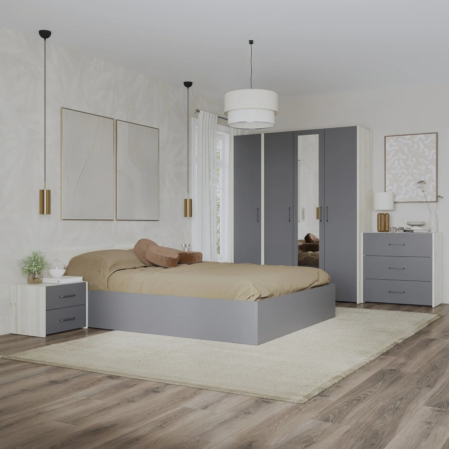 Set dormitor haaus Malmo V8, Pat 200 x 140 cm, Stejar Alb/Antracit