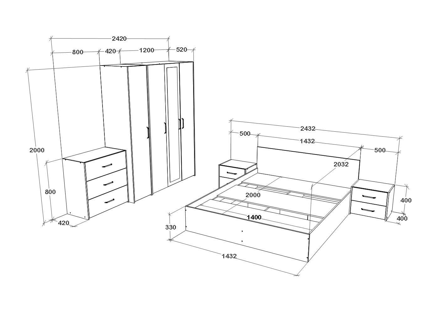 Set dormitor haaus Malmo V8, Pat 200 x 140 cm, Stejar Alb/Antracit