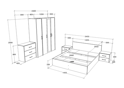 Set dormitor haaus Malmo V8, Pat 200 x 140 cm, Stejar Alb/Antracit