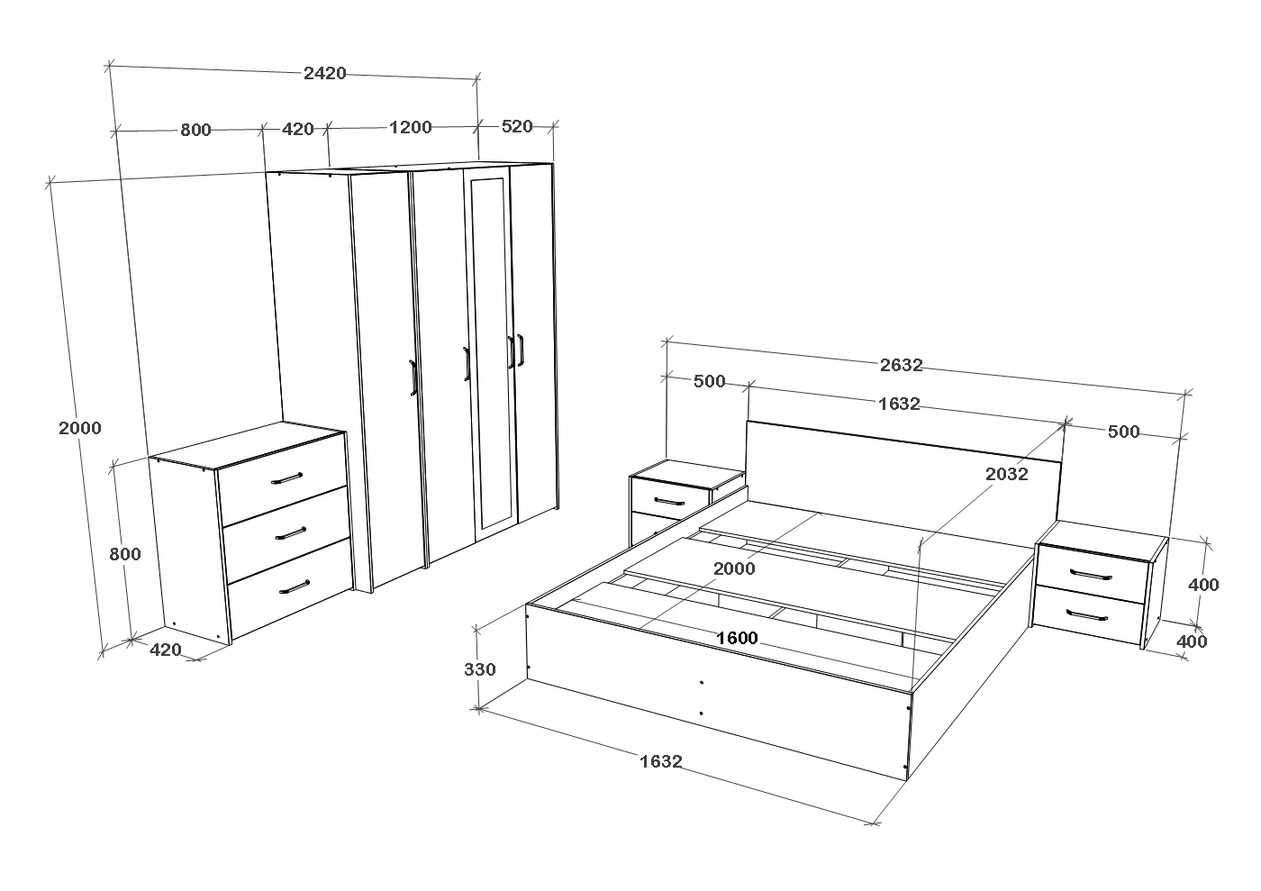 Set dormitor haaus Malmo V8, Pat 200 x 160 cm, Stejar Artisan/Argila
