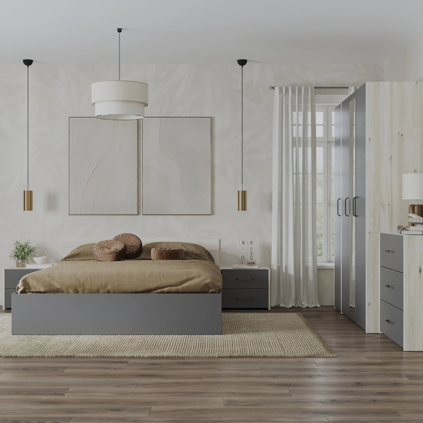 Set dormitor haaus Malmo V9, Pat 200 x 140 cm, Stejar Alb/Antracit