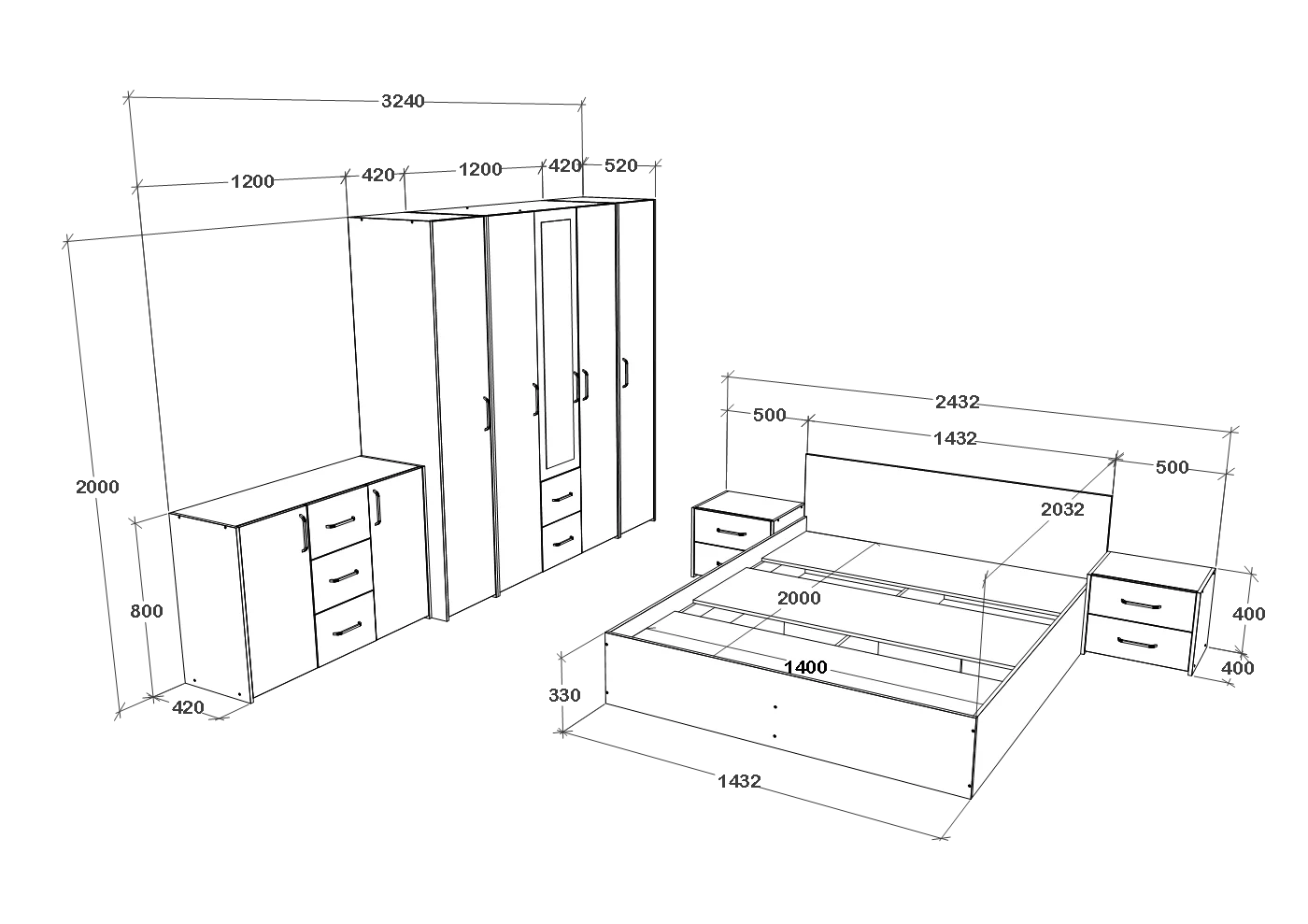 Set dormitor haaus Malmo V9, Pat 200 x 140 cm, Stejar Alb/Antracit