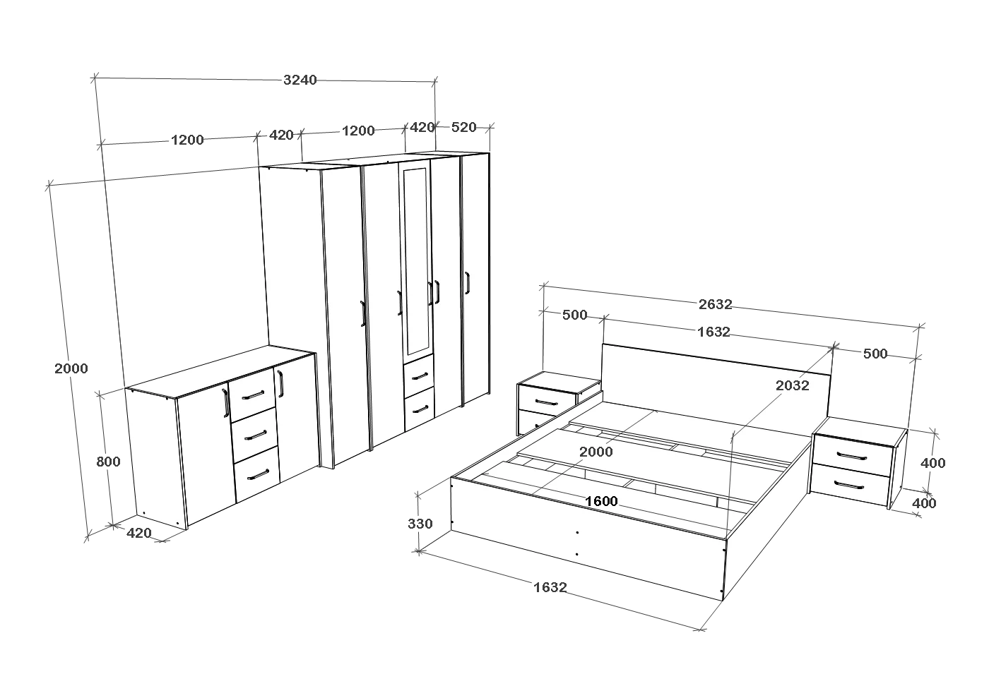 Set dormitor haaus Malmo V9, Pat 200 x 160 cm, Stejar Alb/Antracit