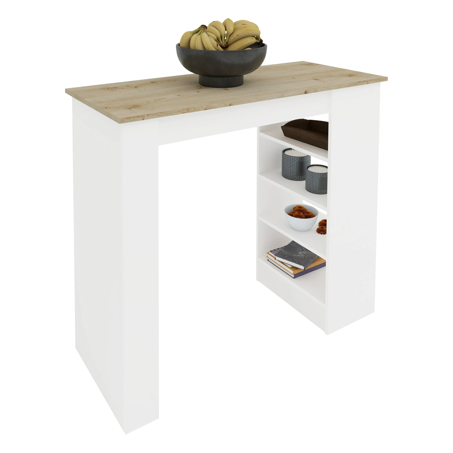Masa Bar Vista, 4 rafturi, Alb/Stejar Artisan, 120 x 50 x 100 cm
