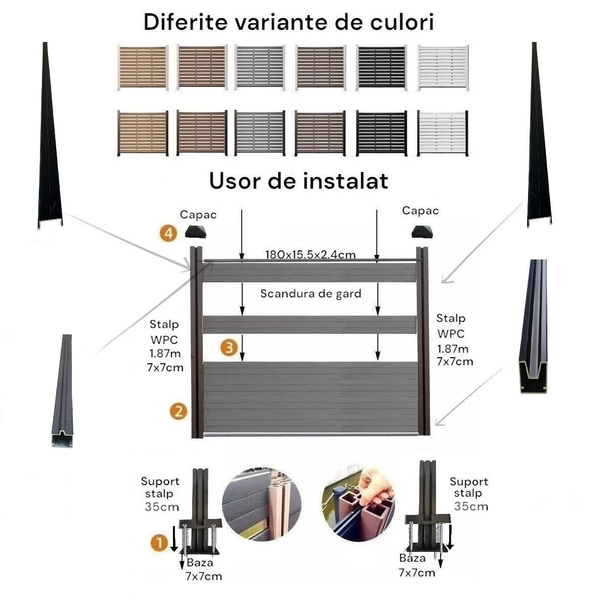 Stalp din Aluminiu pentru Gard, Naimeed D6475, 187x7x7 cm, Negru