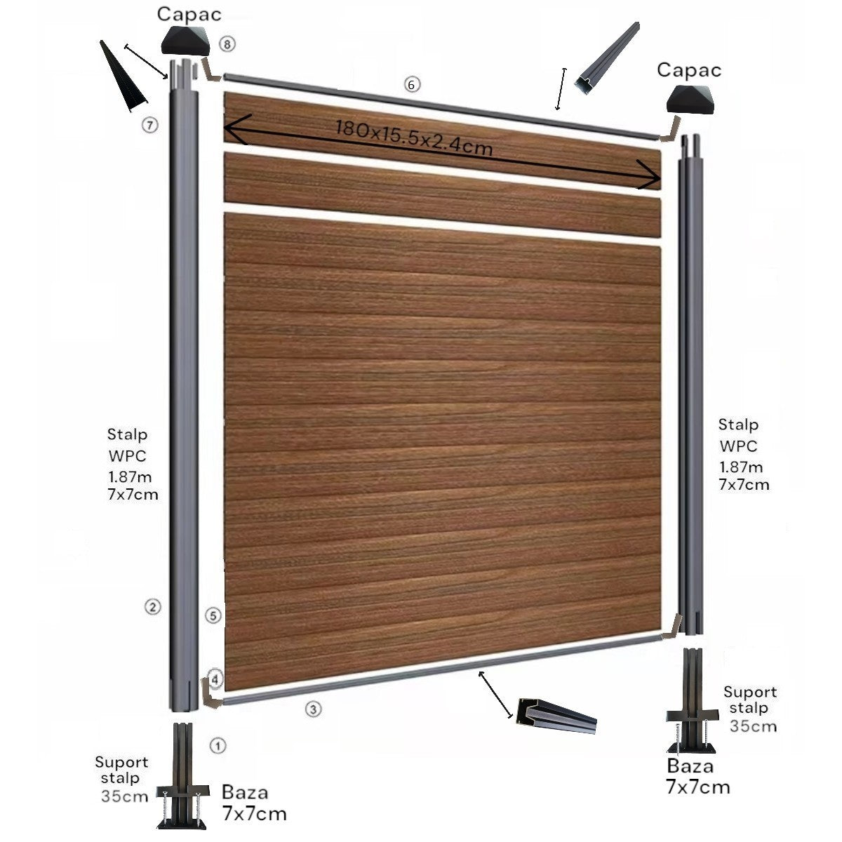 Placa de gard 3D, din compozit de lemn si plastic WPC, Naimeed D6474, 180x15,5x2.4cm, Gri