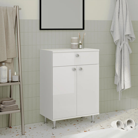 Corp Baie haaus Zaria, 1 Sertar, 2 Usi, Alb lucios/Alb, MDF, L 60 x l 35 x H 85 cm