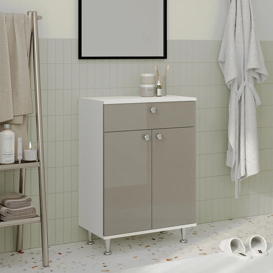 Corp Baie haaus Zaria, 1 Sertar, 2 Usi, Gri Lucios/Alb, MDF, L 60 x l 35 x H 85 cm