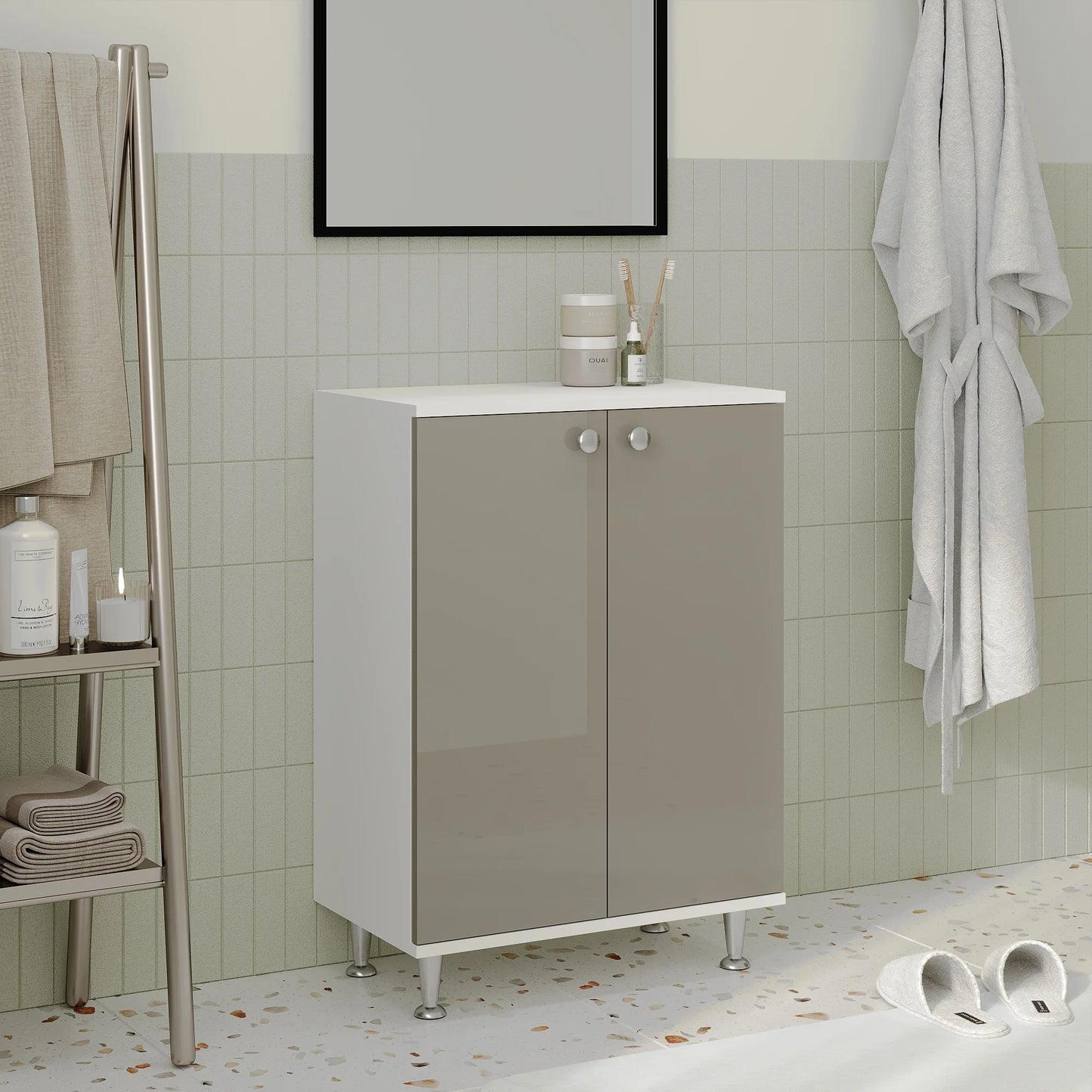Corp Baie haaus Zaria, 2 Usi, Gri Lucios/Alb, MDF, L 60 x l 35 x H 85 cm