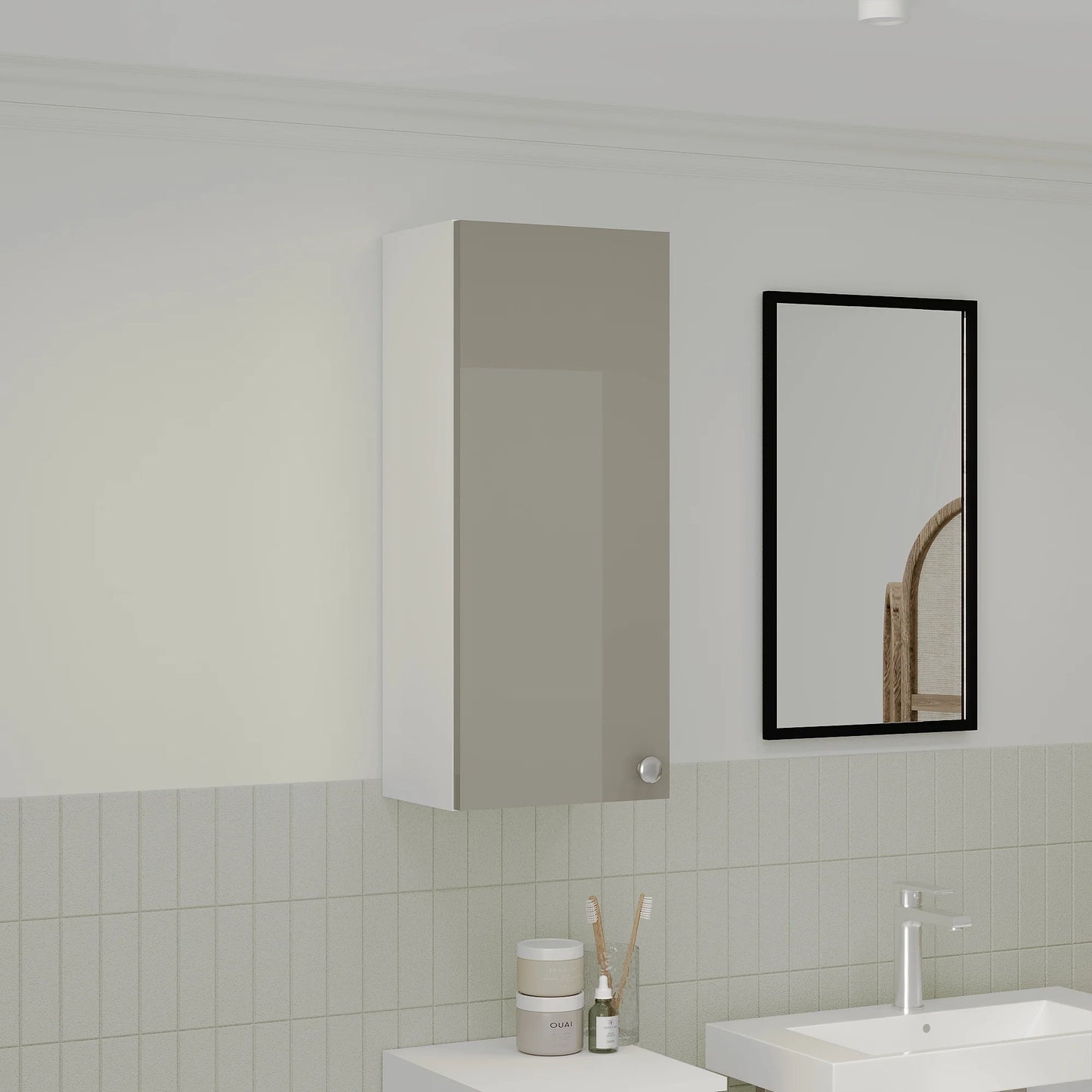 Corp Baie haaus Zaria, Suspendat, 1 Usa, Gri Lucios/Alb, MDF, L 30 x l 22 x H 72 cm