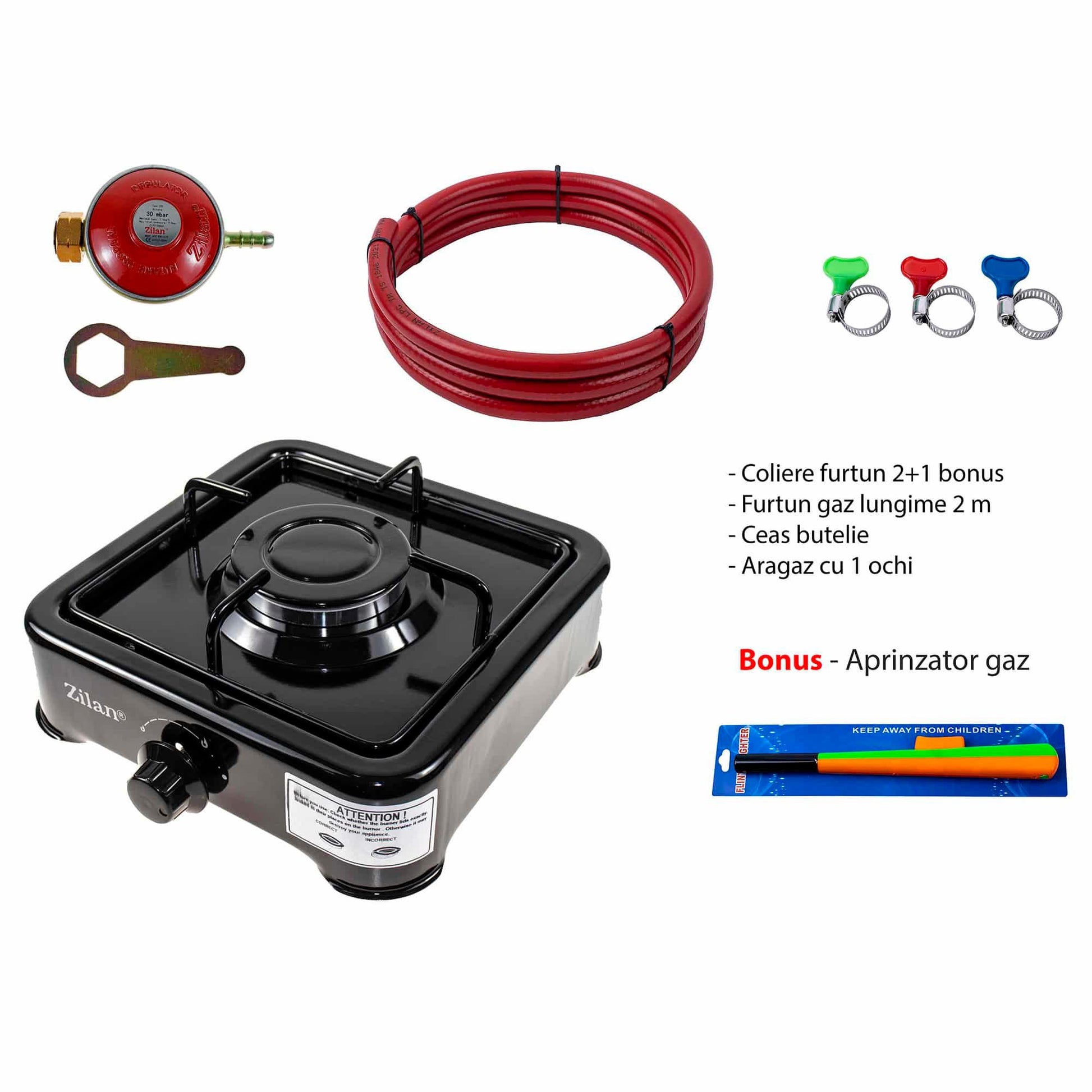 Pachet aragaz 1 ochi, 27×27 cm. (ceas pentru butelie, 2 m furtun pentru gaz, 3 coliere pentru furtun, aprinzator, culoare: negru) cod: ZLN 0018B_N - 221.ro