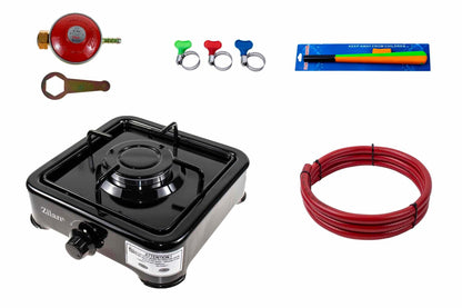 Pachet aragaz 1 ochi, 27×27 cm. (ceas pentru butelie, 2 m furtun pentru gaz, 3 coliere pentru furtun, aprinzator, culoare: negru) cod: ZLN 0018B_N - 221.ro