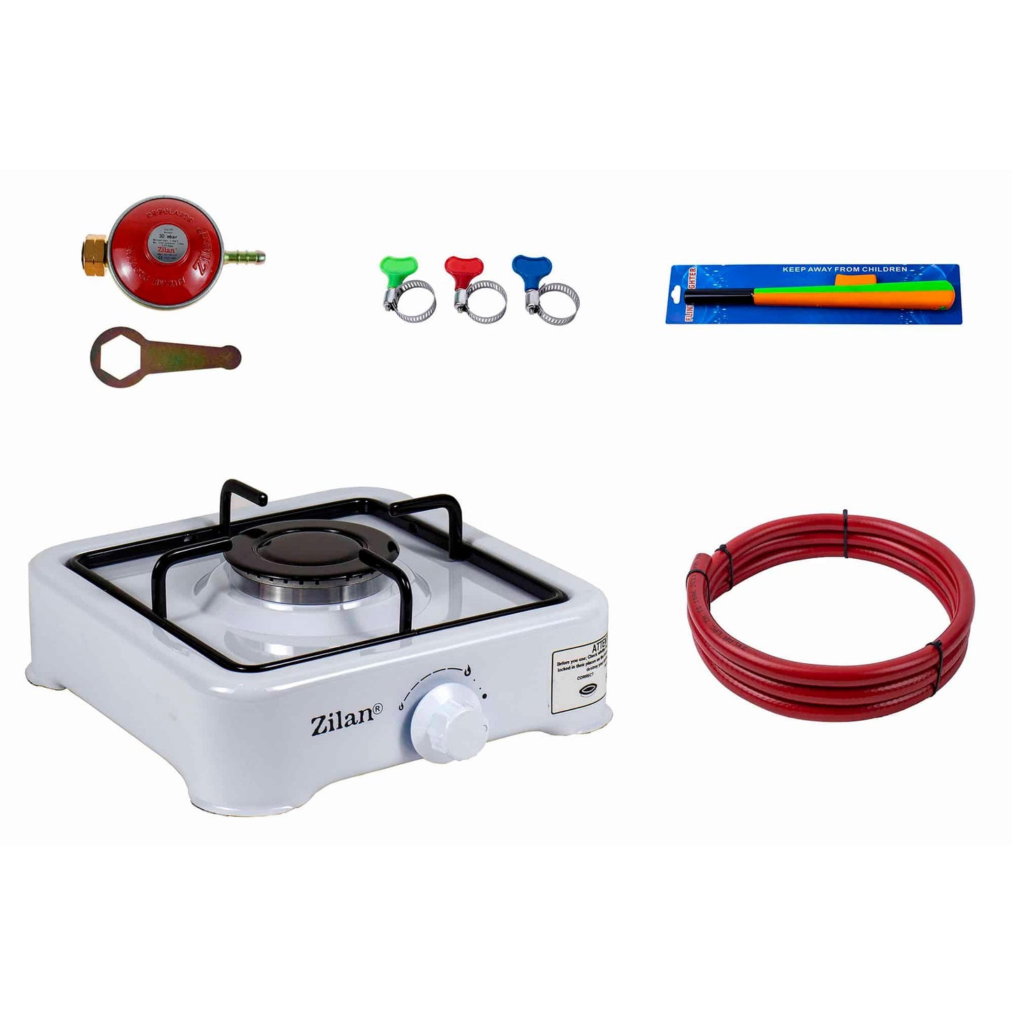 Pachet aragaz 1 ochi, 27x27 cm. (ceas pentru butelie, 2 m furtun pentru gaz, 3 coliere pentru furtun, aprinzator, culoare: alb) cod: ZLN 0018W_A - 221.ro