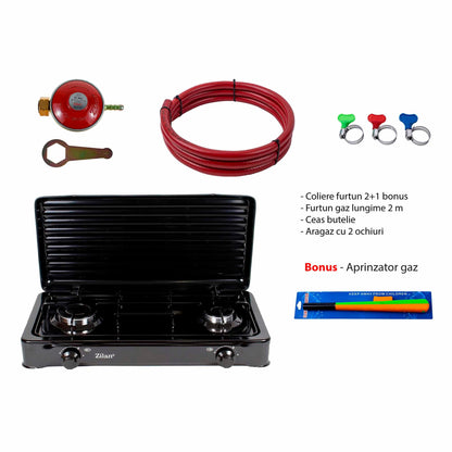 Pachet aragaz 2 ochiuri, 58x29 cm. (ceas pentru butelie, 2 m furtun pentru gaz, 3 coliere pentru furtun, aprinzator, culoare: negru) cod: ZLN 0025B_N - 221.ro