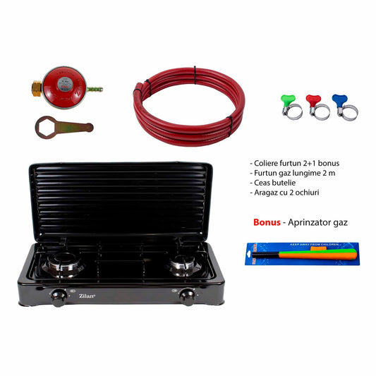 Pachet aragaz 2 ochiuri, 58x29 cm. (ceas pentru butelie, 2 m furtun pentru gaz, 3 coliere pentru furtun, aprinzator, culoare: negru) cod: ZLN 0025B_N - 221.ro