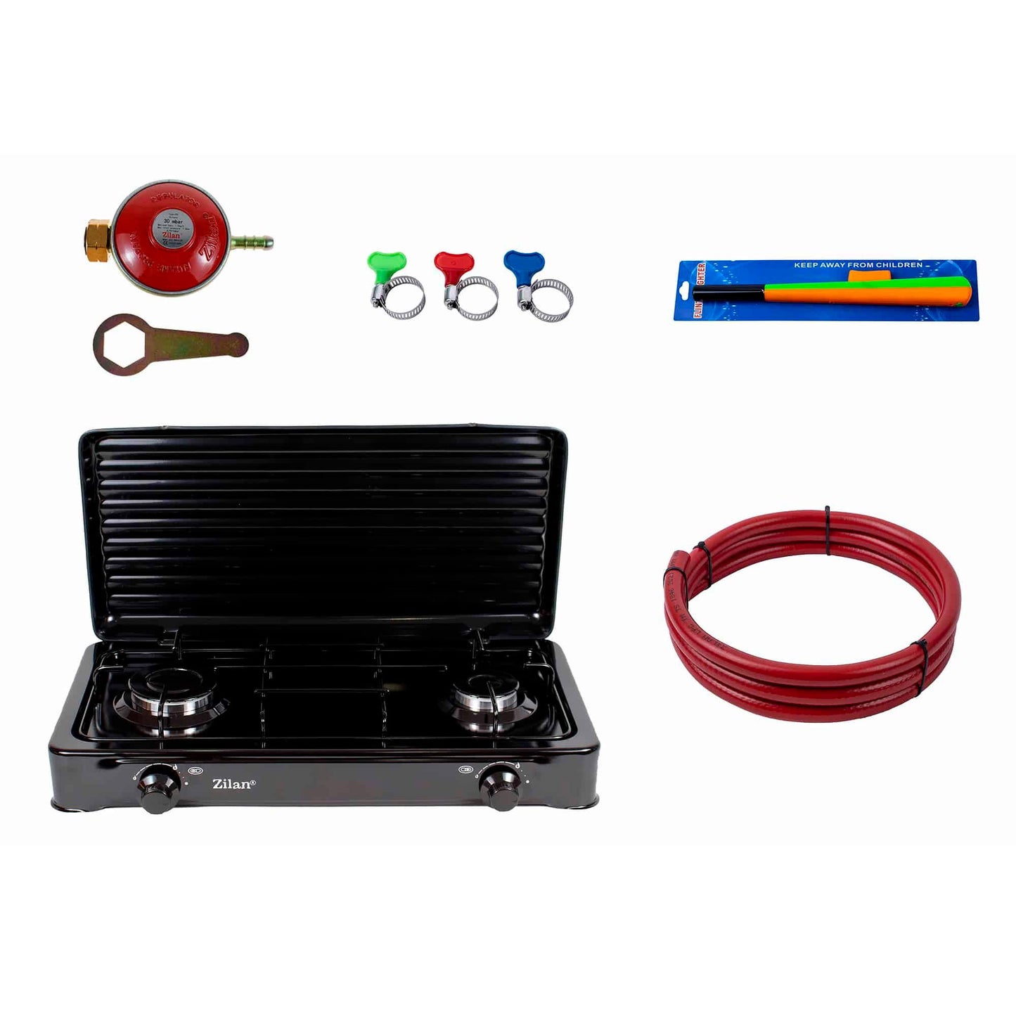 Pachet aragaz 2 ochiuri, 58x29 cm. (ceas pentru butelie, 2 m furtun pentru gaz, 3 coliere pentru furtun, aprinzator, culoare: negru) cod: ZLN 0025B_N - 221.ro