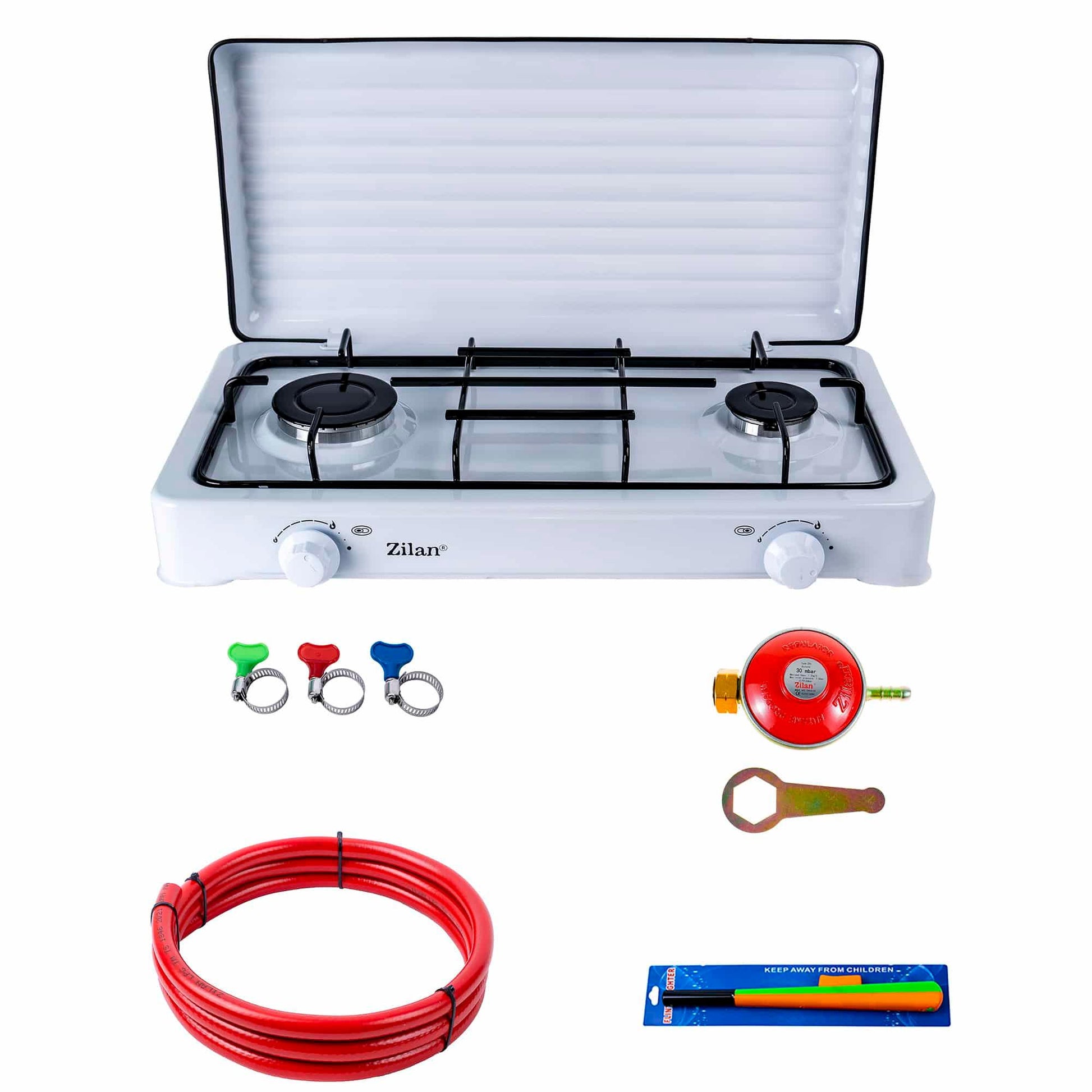Pachet aragaz 2 ochiuri, 58x29 cm, plus (ceas pentru butelie, 2 m furtun pentru gaz, 3 coliere pentru furtun, aprinzator) ZLN 0025W_A - 221.ro