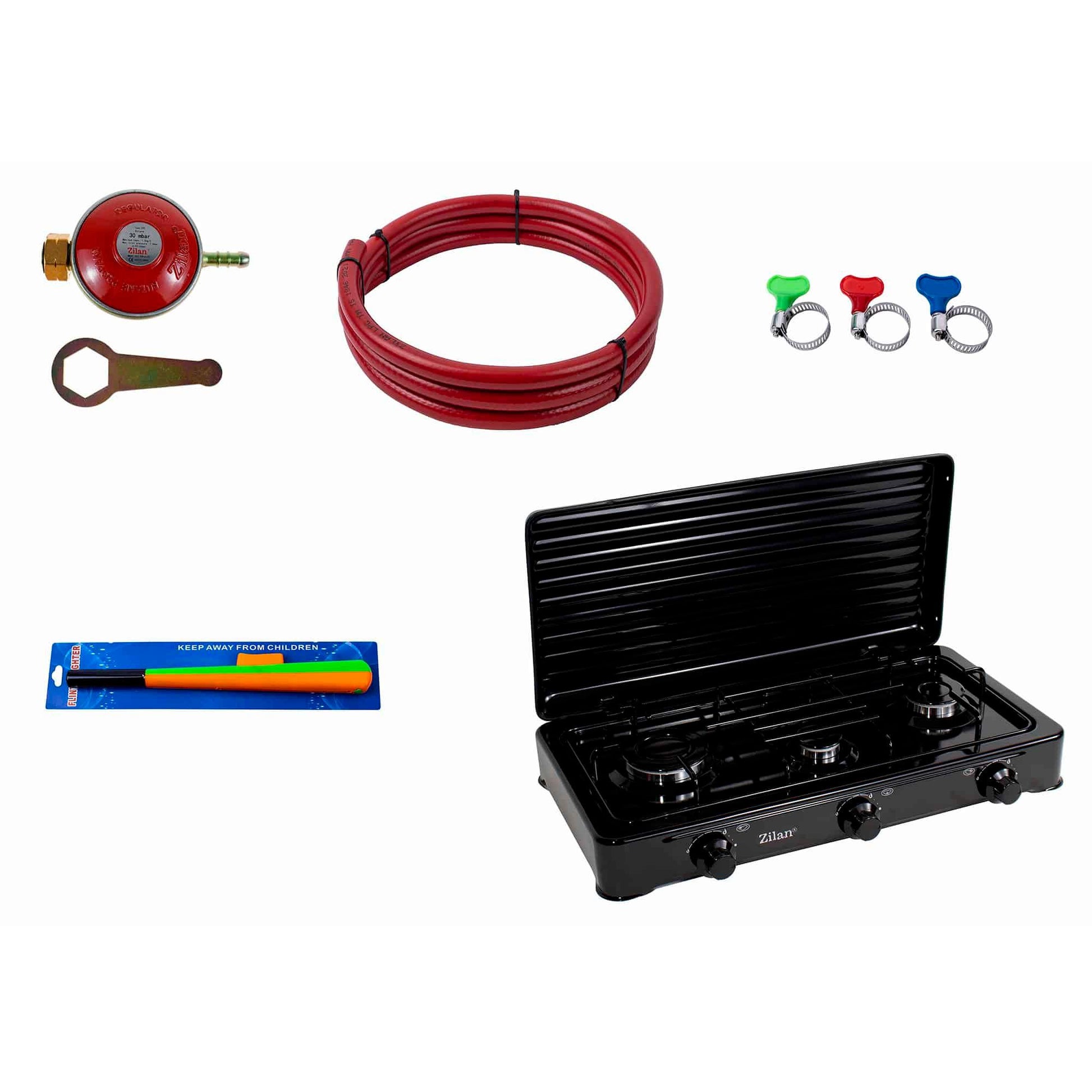Pachet aragaz 3 ochiuri, 62x36 cm. (ceas pentru butelie, 2 m furtun pentru gaz, 3 coliere pentru furtun, aprinzator, culoare: negru) cod: ZLN 0032B_N - 221.ro