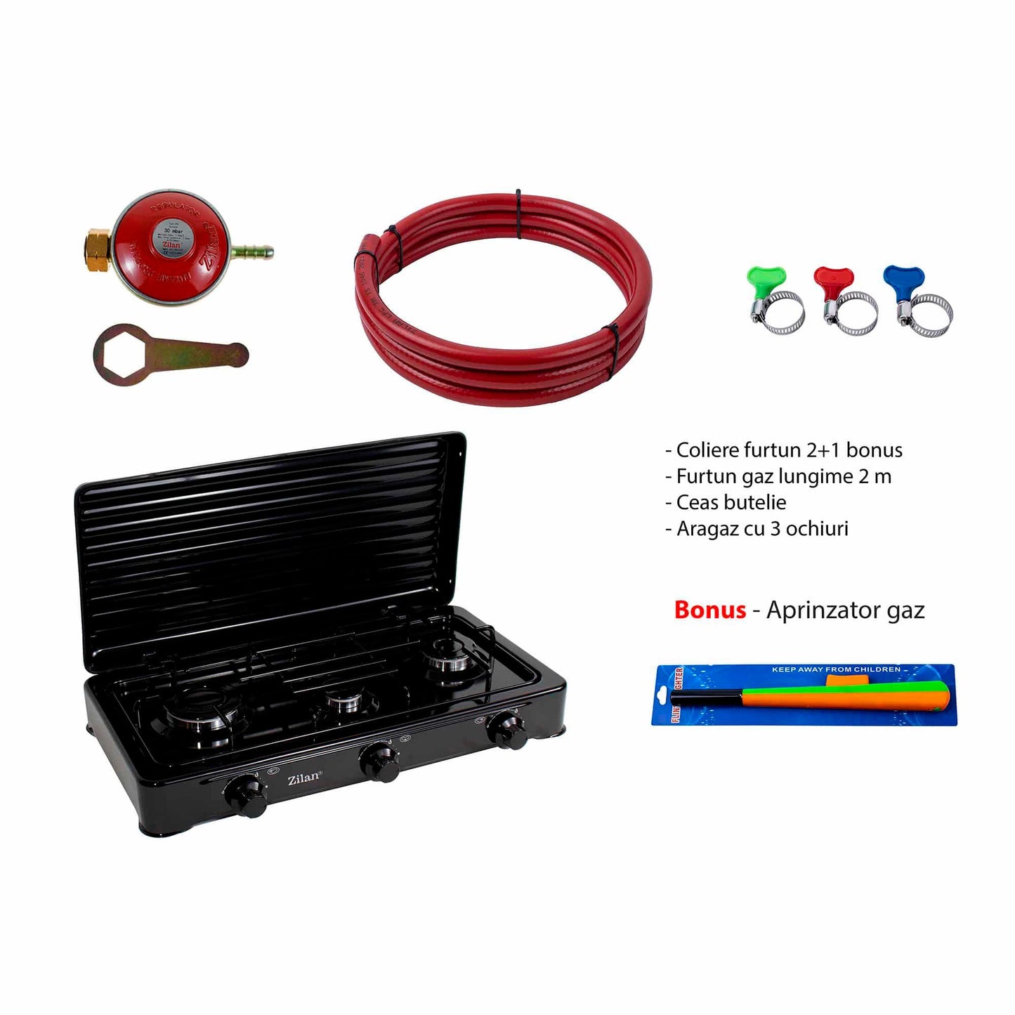 Pachet aragaz 3 ochiuri, 62x36 cm. (ceas pentru butelie, 2 m furtun pentru gaz, 3 coliere pentru furtun, aprinzator, culoare: negru) cod: ZLN 0032B_N - 221.ro
