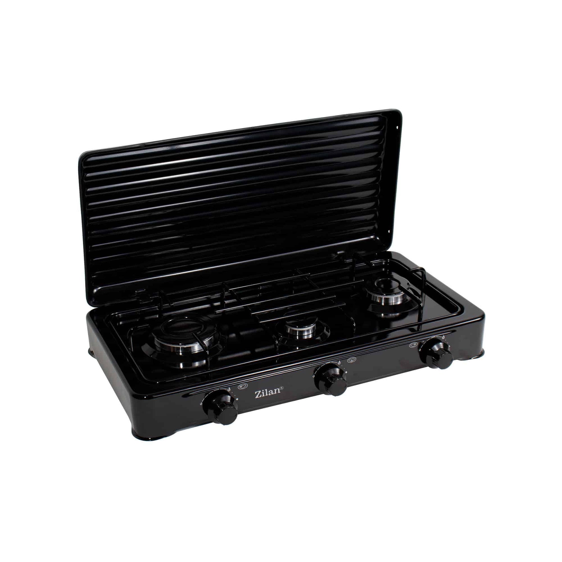 Pachet aragaz 3 ochiuri, 62x36 cm. (ceas pentru butelie, 2 m furtun pentru gaz, 3 coliere pentru furtun, aprinzator, culoare: negru) cod: ZLN 0032B_N - 221.ro