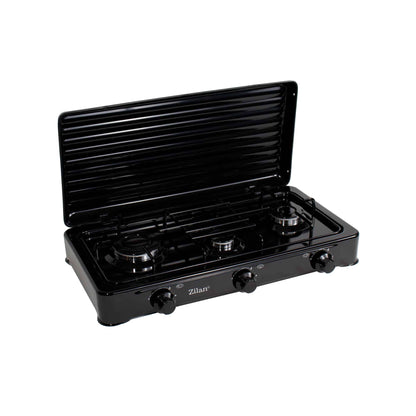 Pachet aragaz 3 ochiuri, 62x36 cm. (ceas pentru butelie, 2 m furtun pentru gaz, 3 coliere pentru furtun, aprinzator, culoare: negru) cod: ZLN 0032B_N - 221.ro