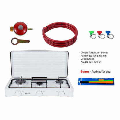 Pachet aragaz 3 ochiuri, 62x36 cm. (ceas pentru butelie, 2 m furtun pentru gaz, 3 coliere pentru furtun, aprinzator, culoare: alb) cod: ZLN 0032W_A - 221.ro