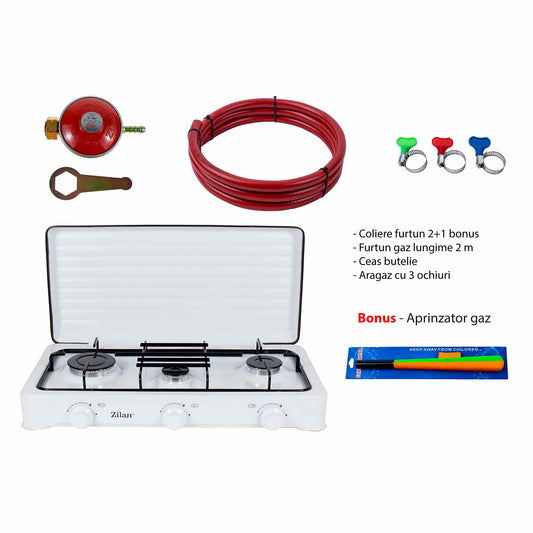 Pachet aragaz 3 ochiuri, 62x36 cm. (ceas pentru butelie, 2 m furtun pentru gaz, 3 coliere pentru furtun, aprinzator, culoare: alb) cod: ZLN 0032W_A - 221.ro