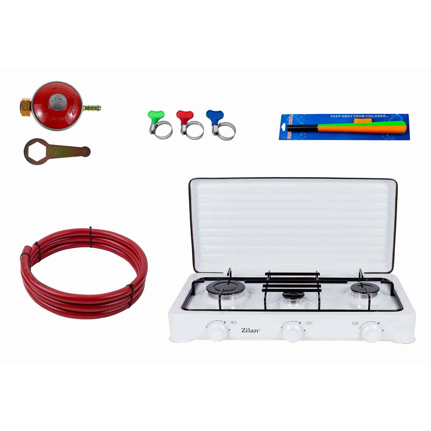 Pachet aragaz 3 ochiuri, 62x36 cm. (ceas pentru butelie, 2 m furtun pentru gaz, 3 coliere pentru furtun, aprinzator, culoare: alb) cod: ZLN 0032W_A - 221.ro