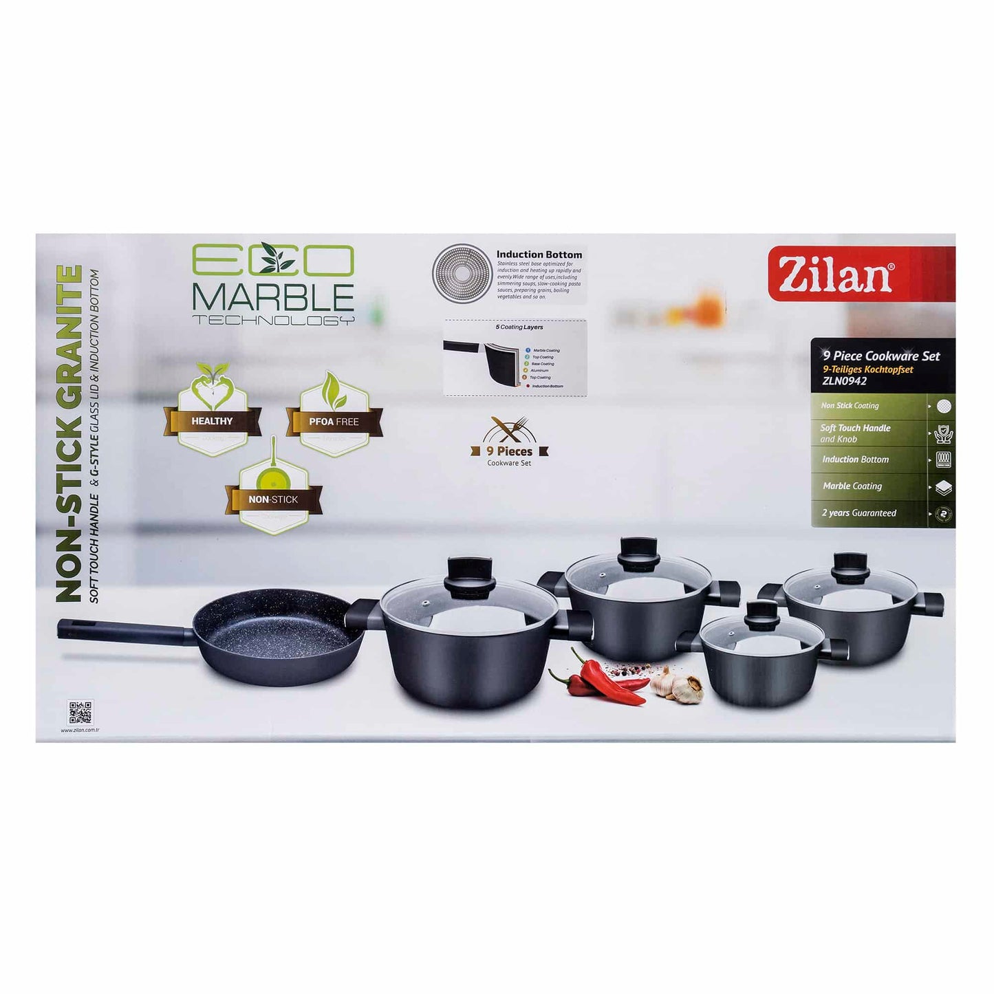 Set oale, 9 piese din aluminiu, compus din 4 oale cu manere ,1 tigaie, 4 capace sticla termorezistente / ZLN 0942