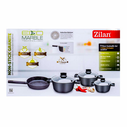 Set oale, 7 piese din aluminiu,compus din 3 oale cu manere ,1 tigaie, 3 capace sticla termorezistent / ZLN 0959