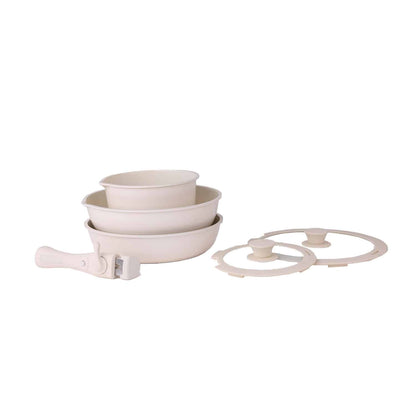 Set 5 piese din ceranica, compus din 2 oale, 1 tigaie si 2 capace de sticla, crem, ZILAN / ZLN 0965