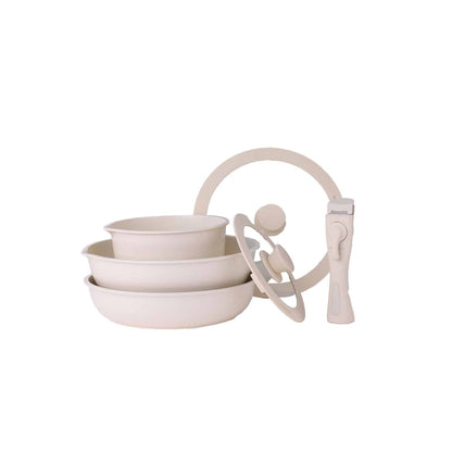 Set 5 piese din ceranica, compus din 2 oale, 1 tigaie si 2 capace de sticla, crem, ZILAN / ZLN 0965