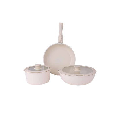 Set 5 piese din ceranica, compus din 2 oale, 1 tigaie si 2 capace de sticla, crem, ZILAN / ZLN 0965