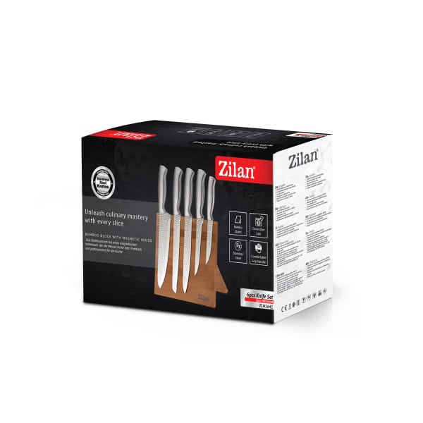 Set 5 cutite din otel inoxidabil, plus suport din bambus ZILAN / ZLN 1641