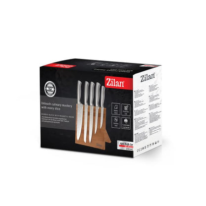 Set 5 cutite din otel inoxidabil, plus suport din bambus ZILAN / ZLN 1641