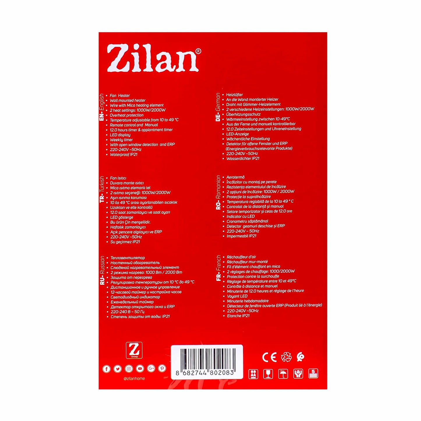 Aeroterma de perete, putere 2000W, display LED, senzori de ferestre deschise, IP21, 2 trepte de incalzire / ZLN 2083