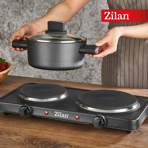 Plita electrica, dimensiuni 44 x 25 x 7 cm, negru, cu 2 ochiuri si termostat reglabil / ZLN 2844