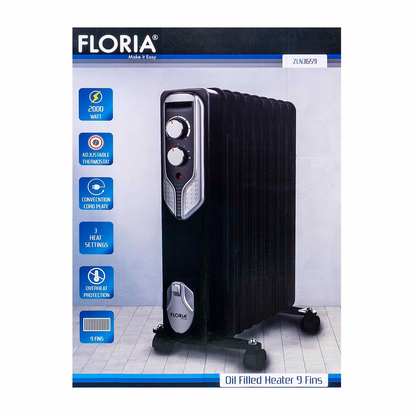 Calorifer electric, putere 2000 W, 9 elementi, 3 trepte de putere, Termostat reglabil, Protectie supra-incalzire, Indicator luminos / ZLN 3659