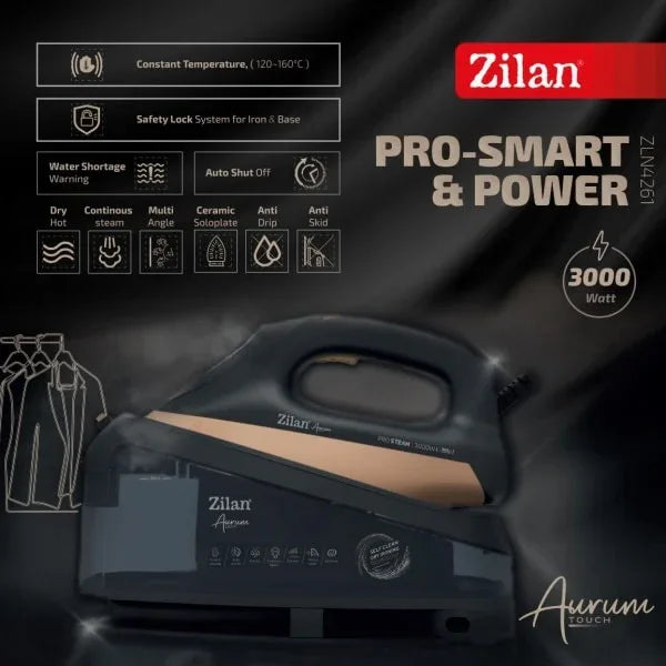 Fier de calcat Aurum cu statie, negru, putere 3000W, incalzire in 35 secunde, sistem de auto oprire / ZLN 4261