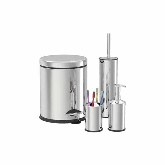 Set de baie, 4 in 1 din inox cu cos menajer de 3 litri, perie WC, suport sapun lichid, suport periute de dinti / ZLN 4605